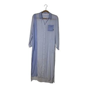 DKNY Semi Sheer Blue White Striped Long Sleeve Dress with Pockets Size Small